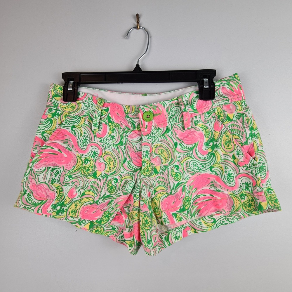 Lilly Pulitzer Walsh Shorts Pink Green Flamingo Paisley Cotton Size 0 Resort